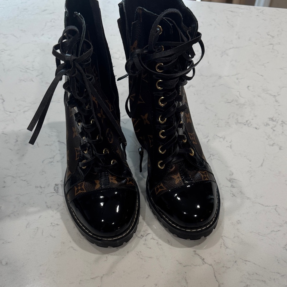 Louis Vuitton Black and Brown Monogram Lace-Up Combat Boots